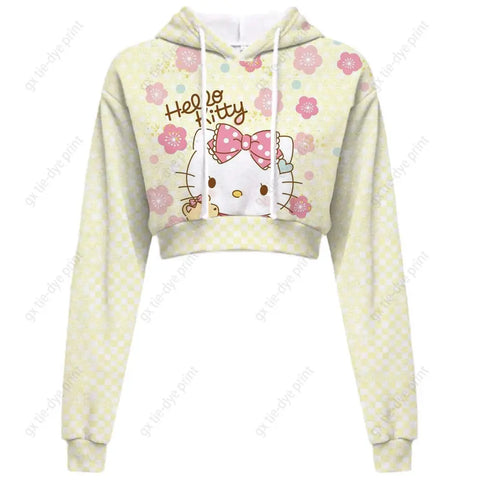 Hello Kitty Print short, hooded Cropped Sweatshirts - Browsglamour