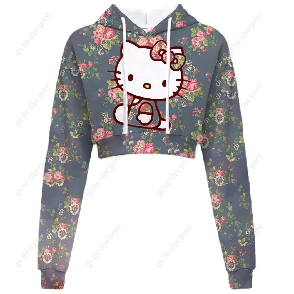 Hello Kitty Print short, hooded Cropped Sweatshirts - Browsglamour