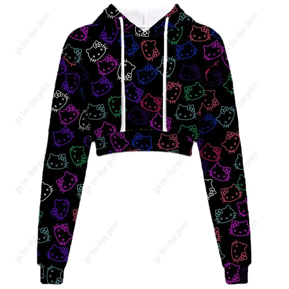 Hello Kitty Print short, hooded Cropped Sweatshirts - Browsglamour