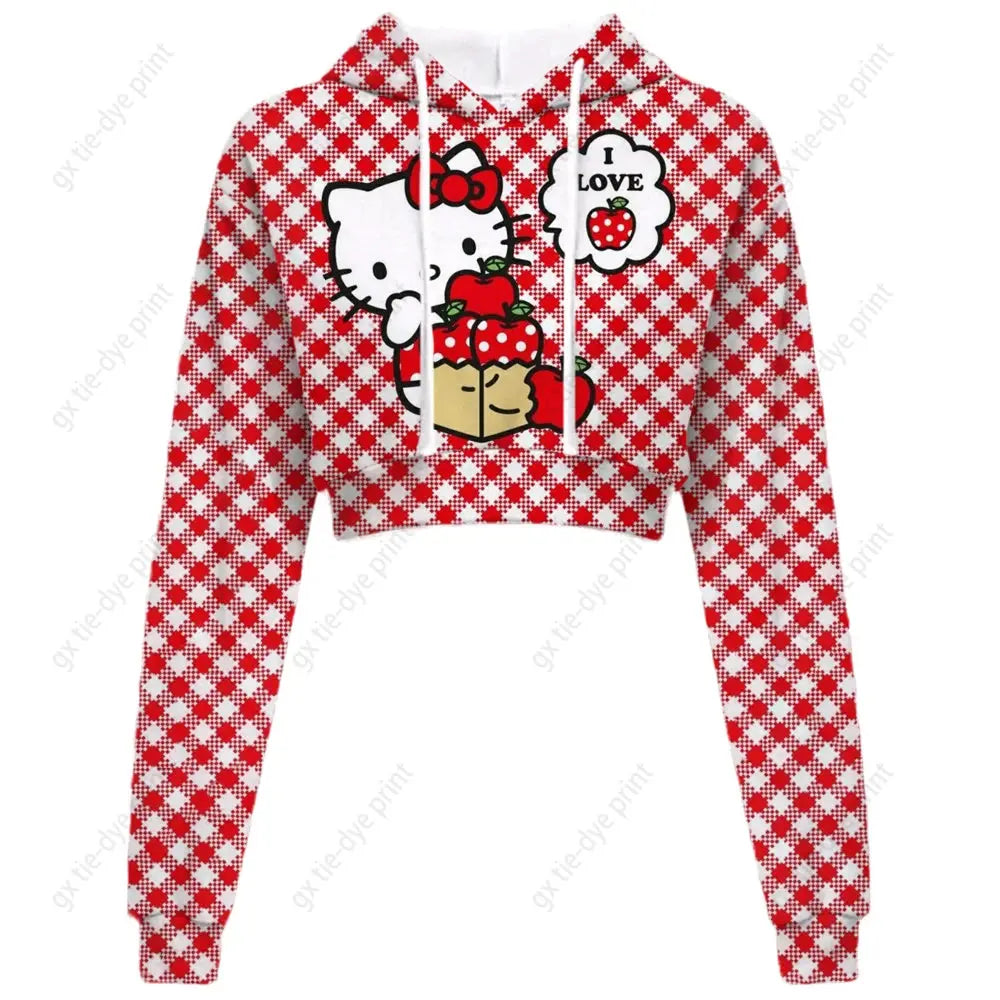 Hello Kitty Print short, hooded Cropped Sweatshirts - Browsglamour