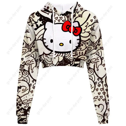 Hello Kitty Print short, hooded Cropped Sweatshirts - Browsglamour