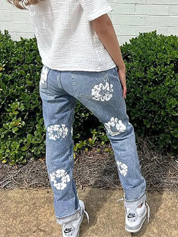 Hipster Flowers Printed Cotton Jeans - Browsglamour