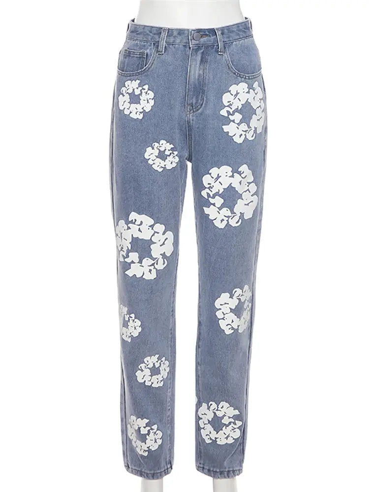 Hipster Flowers Printed Cotton Jeans - Browsglamour