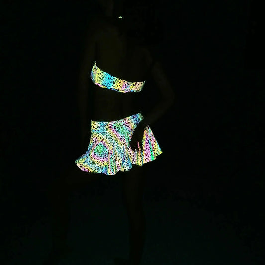 Holographic Women's Reflective "Bird's Nest Pattern" Rave Mini-Skirt Outfit - Browsglamour