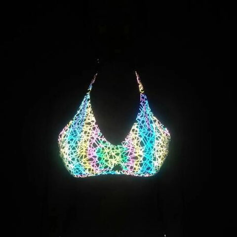 Holographic Women's Reflective "Bird's Nest Pattern" Rave Mini-Skirt Outfit - Browsglamour