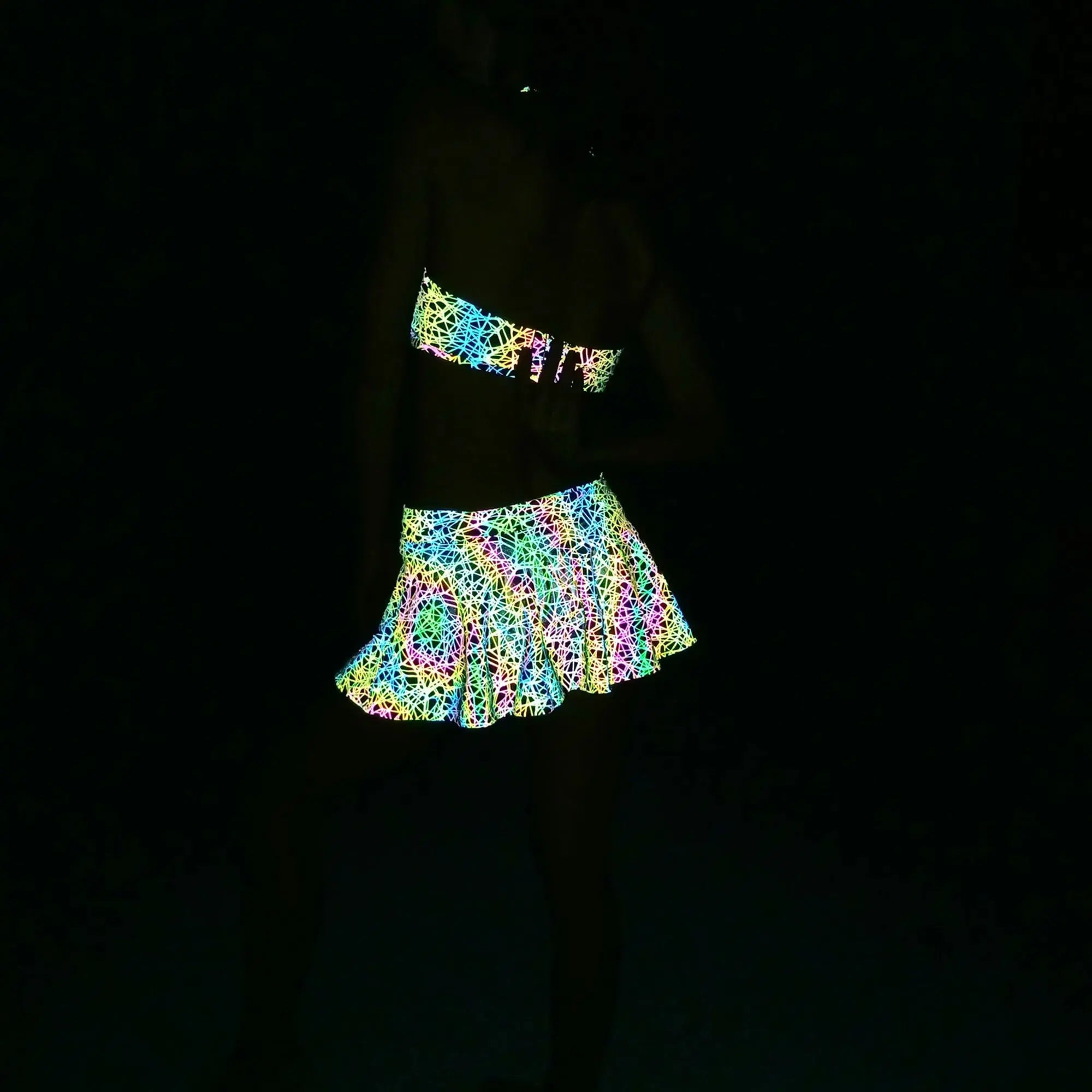 Holographic Women's Reflective "Bird's Nest Pattern" Rave Mini-Skirt Outfit - Browsglamour