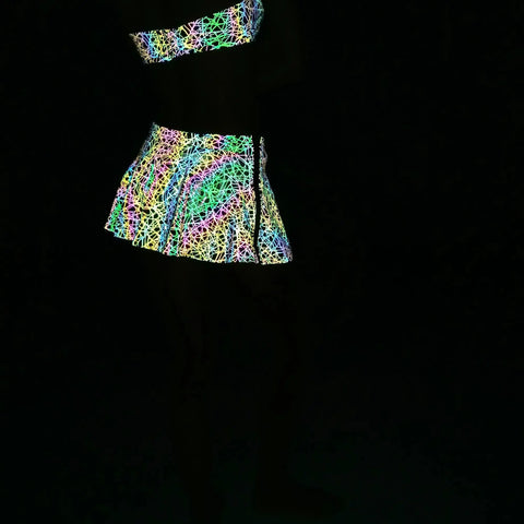 Holographic Women's Reflective "Bird's Nest Pattern" Rave Mini-Skirt Outfit - Browsglamour