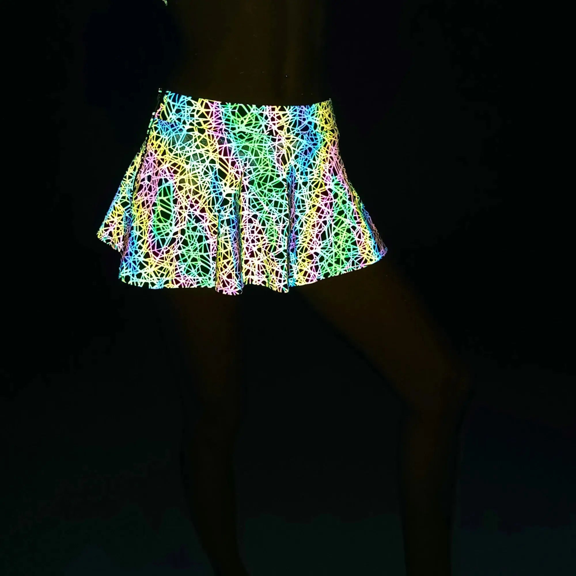 Holographic Women's Reflective "Bird's Nest Pattern" Rave Mini-Skirt Outfit - Browsglamour