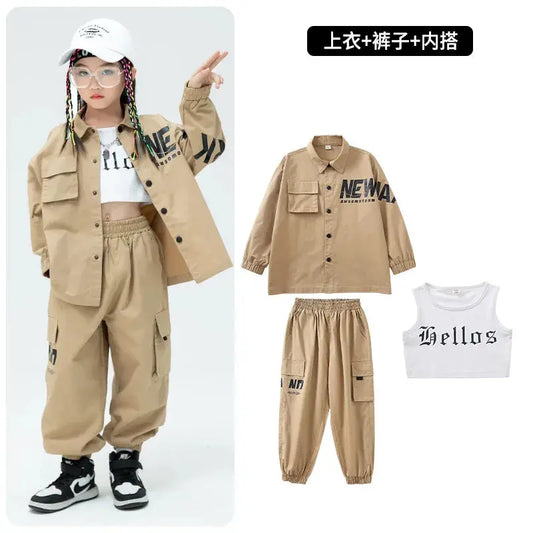 Kids Khaki Shirt Jacket Casual Streetwear Cargo Jogger Pants Outfits - Browsglamour