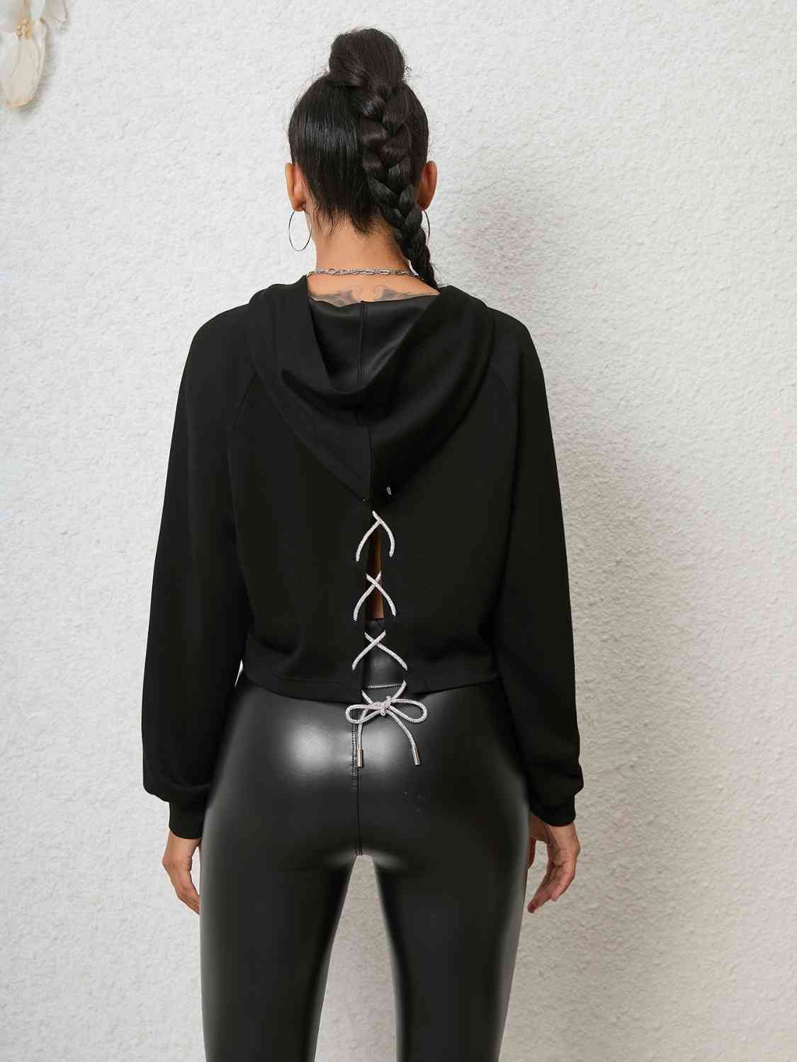 Lace-Up Long Sleeve Hoodie - Browsglamour