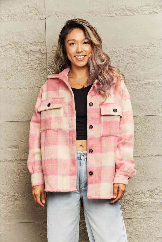 Plaid Collared Neck Button Down Jacket - Browsglamour