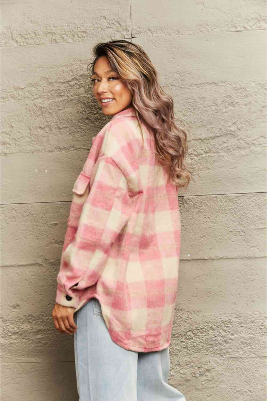 Plaid Collared Neck Button Down Jacket - Browsglamour