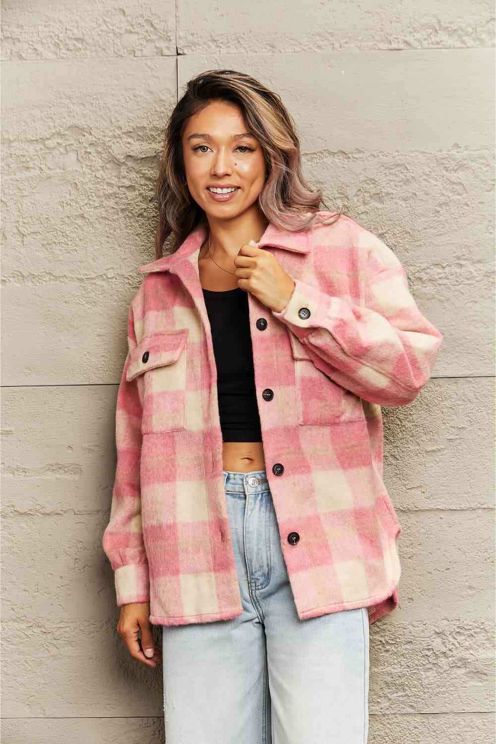 Plaid Collared Neck Button Down Jacket - Browsglamour