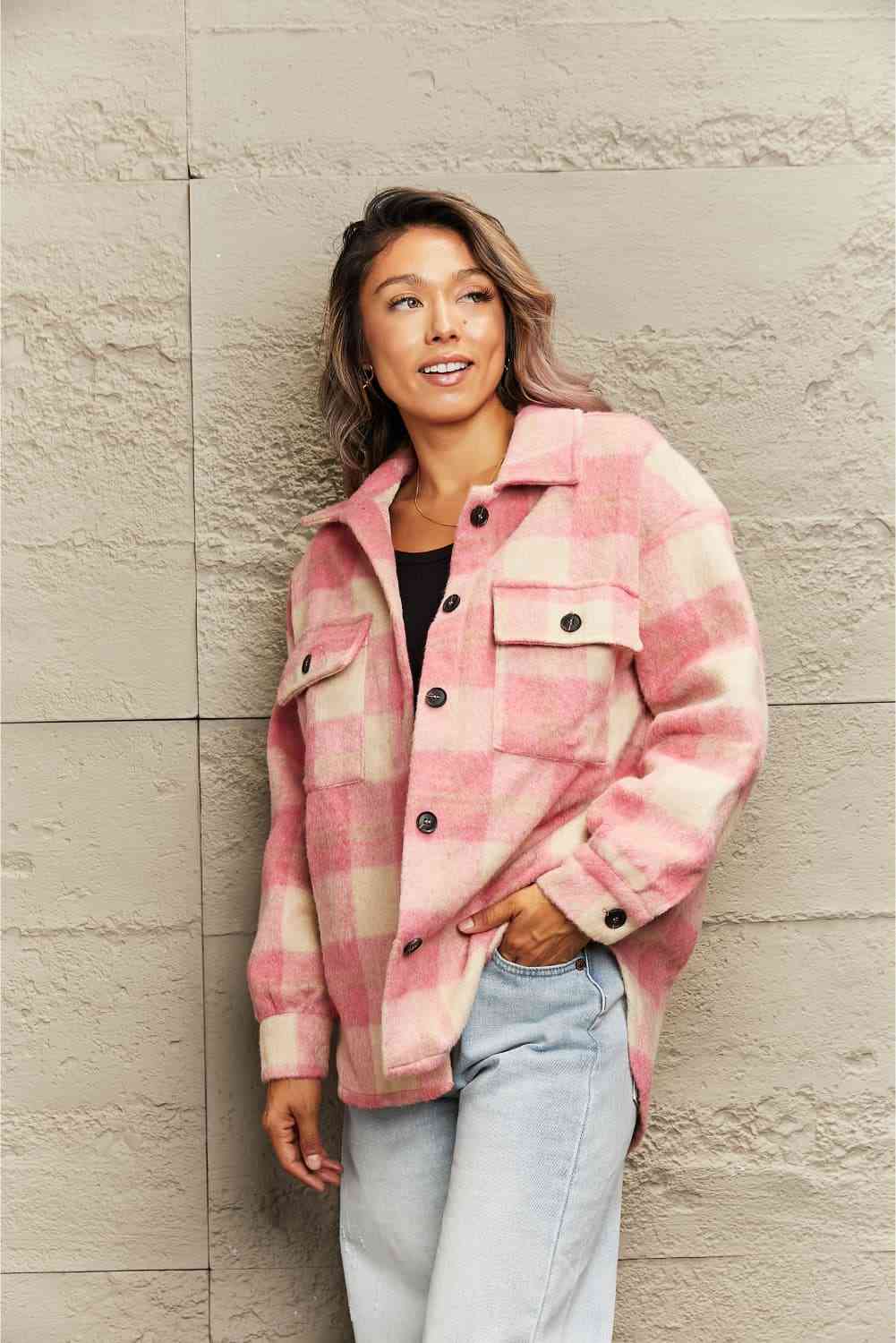 Plaid Collared Neck Button Down Jacket - Browsglamour