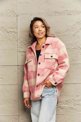 Plaid Collared Neck Button Down Jacket - Browsglamour