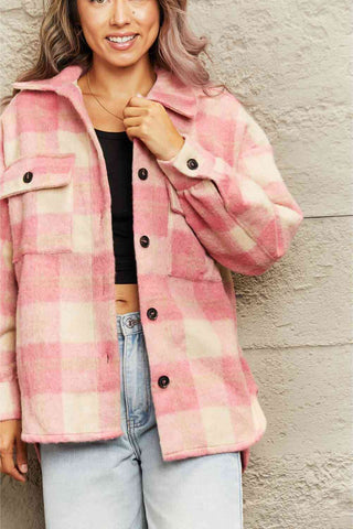 Plaid Collared Neck Button Down Jacket - Browsglamour