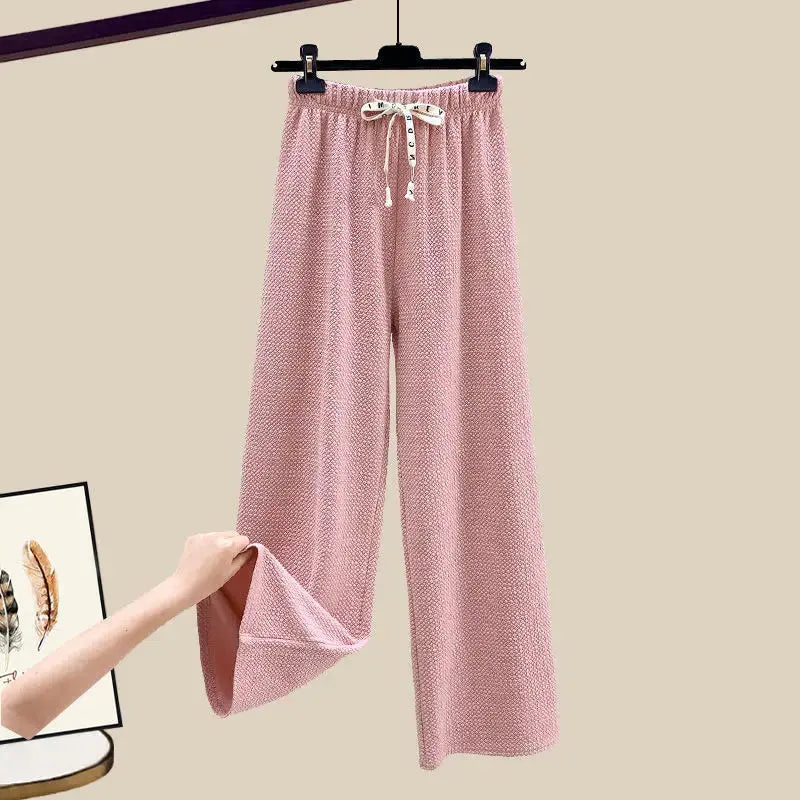 Plaid Patchwork Chiffon Shirt Pink Suspender Wide Leg Pants Three-piece Elegant Women's Pants Set Summer Sportswear Outfits - Browsglamour