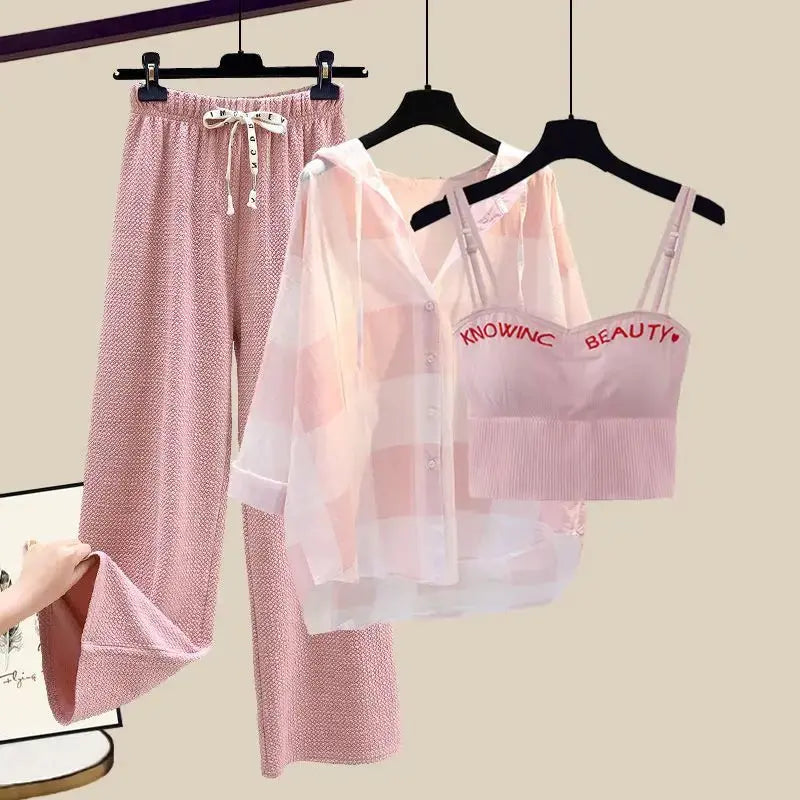 Plaid Patchwork Chiffon Shirt Pink Suspender Wide Leg Pants Three-piece Elegant Women's Pants Set Summer Sportswear Outfits - Browsglamour