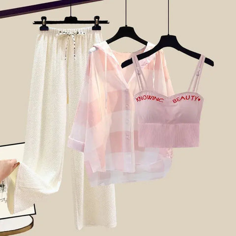 Plaid Patchwork Chiffon Shirt Pink Suspender Wide Leg Pants Three-piece Elegant Women's Pants Set Summer Sportswear Outfits - Browsglamour