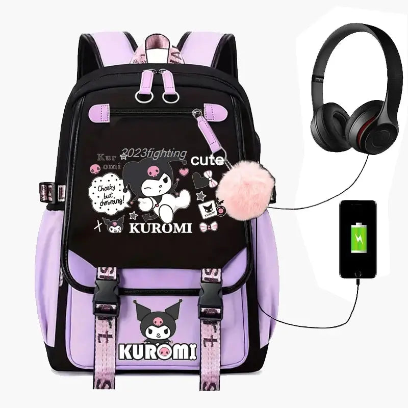 Purple Kuromi Melody Backpack with USB Browsglamour