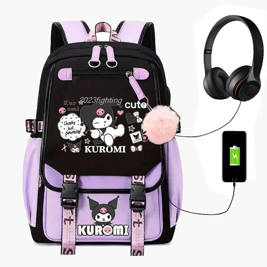 Purple Kuromi Melody Backpack with USB Browsglamour