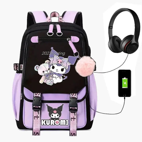 Purple Kuromi Melody Backpack with USB Browsglamour