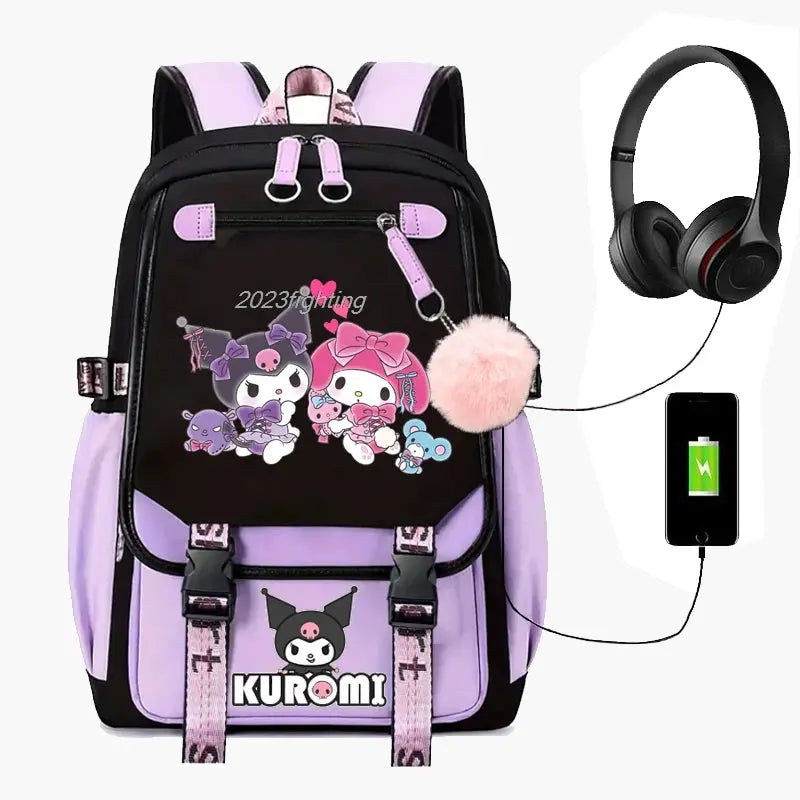 Purple Kuromi Melody Backpack with USB Browsglamour