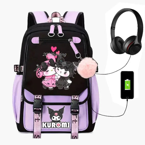 Purple Kuromi Melody Backpack with USB Browsglamour