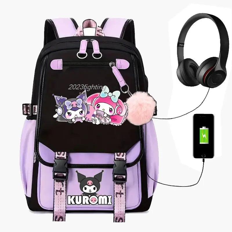 Purple Kuromi Melody Backpack with USB Browsglamour