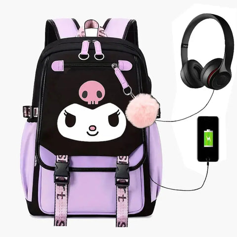 Purple Kuromi Melody Backpack with USB - Browsglamour