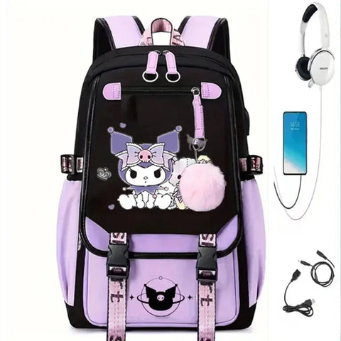 Purple Kuromi Melody Backpack with USB - Browsglamour