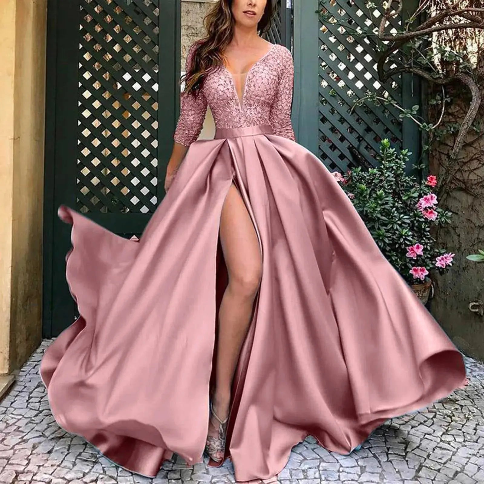 Ruched High Waist Bronzing High Slit Dress - Browsglamour