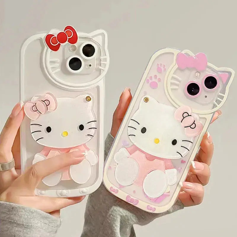 Sanrio Hello Kitty Cases For iPhone 15 14 13 11 12 Pro Max XS XR 7 8 Plus SE2 With Cosmetic Mirror Cartoon Transparent Cover - Browsglamour