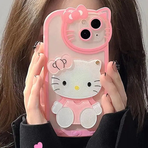 Sanrio Hello Kitty Cases For iPhone 15 14 13 11 12 Pro Max XS XR 7 8 Plus SE2 With Cosmetic Mirror Cartoon Transparent Cover - Browsglamour