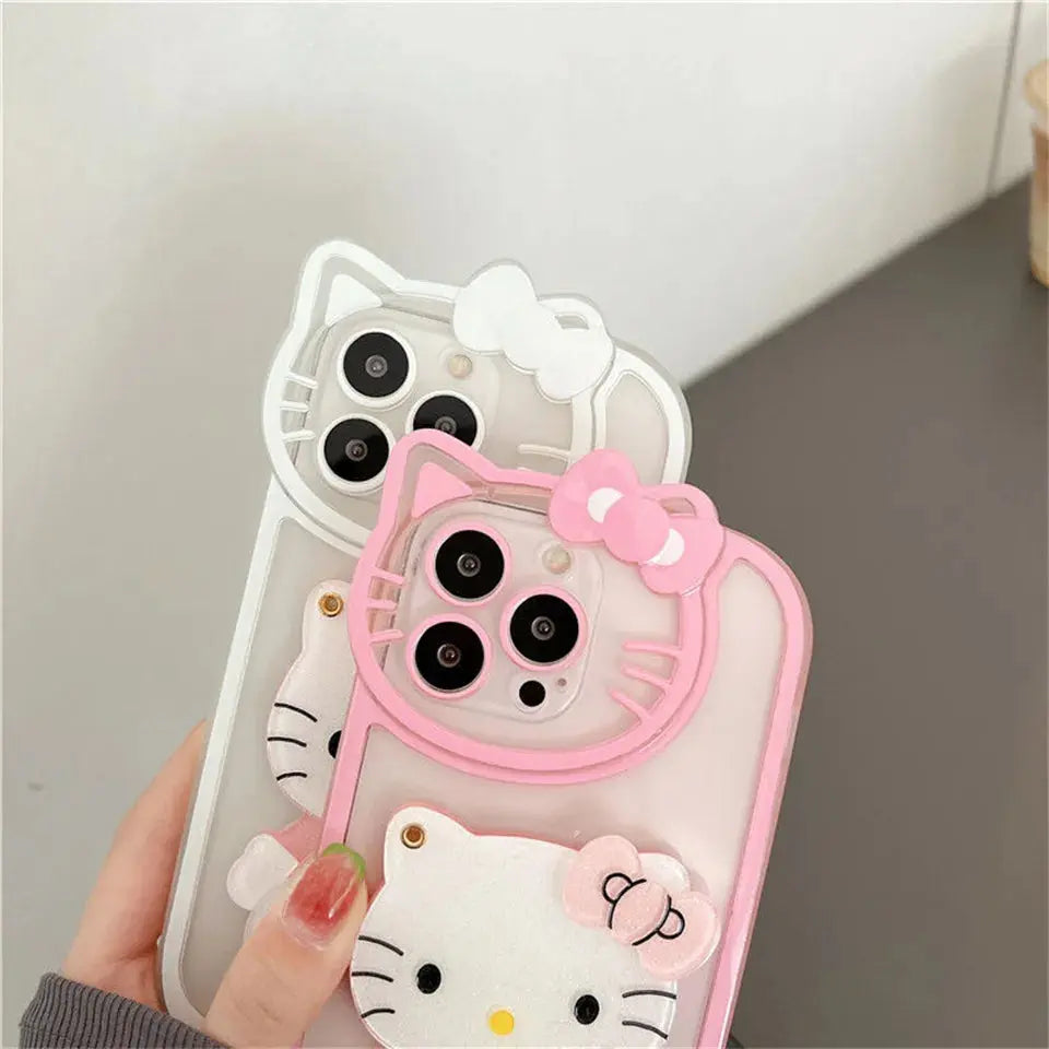 Sanrio Hello Kitty Cases For iPhone 15 14 13 11 12 Pro Max XS XR 7 8 Plus SE2 With Cosmetic Mirror Cartoon Transparent Cover - Browsglamour