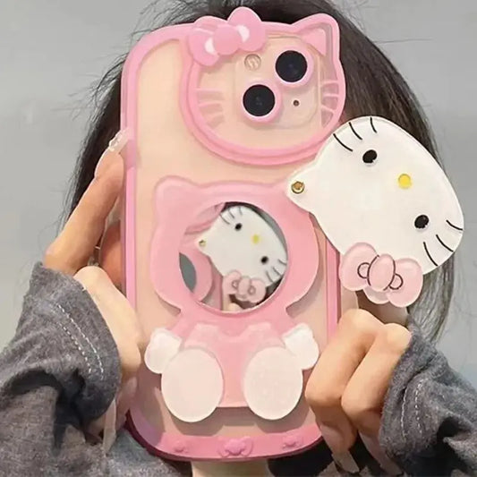 Sanrio Hello Kitty Cases For iPhone 15 14 13 11 12 Pro Max XS XR 7 8 Plus SE2 With Cosmetic Mirror Cartoon Transparent Cover - Browsglamour