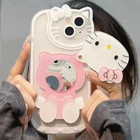 Sanrio Hello Kitty Cases For iPhone 15 14 13 11 12 Pro Max XS XR 7 8 Plus SE2 With Cosmetic Mirror Cartoon Transparent Cover - Browsglamour