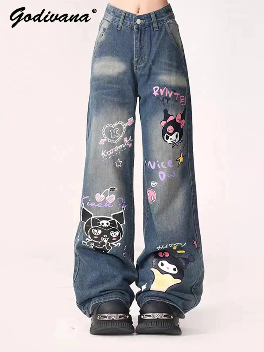 Sanrio Kuromi Printed Waist Wide-Leg Jeans Browsglamour