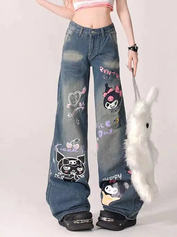 Sanrio Kuromi Printed Waist Wide-Leg Jeans Browsglamour