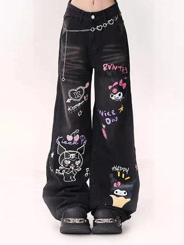 Sanrio Kuromi Printed Waist Wide-Leg Jeans Browsglamour