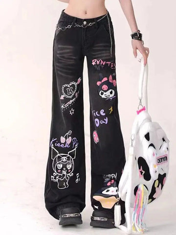 Sanrio Kuromi Printed Waist Wide-Leg Jeans Browsglamour