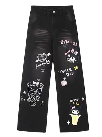 Sanrio Kuromi Printed Waist Wide-Leg Jeans Browsglamour