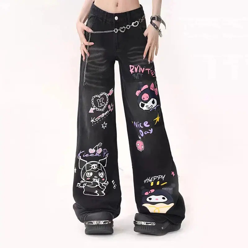 Sanrio Kuromi Printed Waist Wide-Leg Jeans - Browsglamour