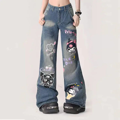 Sanrio Kuromi Printed Waist Wide-Leg Jeans - Browsglamour