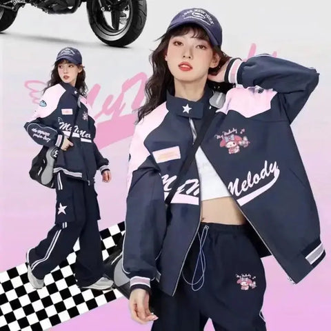 Sanrio Y2k Cinnamoroll Racer Jacket Kawaii Biker Jacket Pants Punching Cartoon Female Loose Warm Windproof Couple Clothes Gift Browsglamour