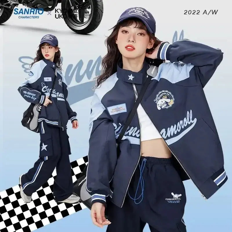 Sanrio Y2k Cinnamoroll Racer Jacket Kawaii Biker Jacket Pants Punching Cartoon Female Loose Warm Windproof Couple Clothes Gift Browsglamour