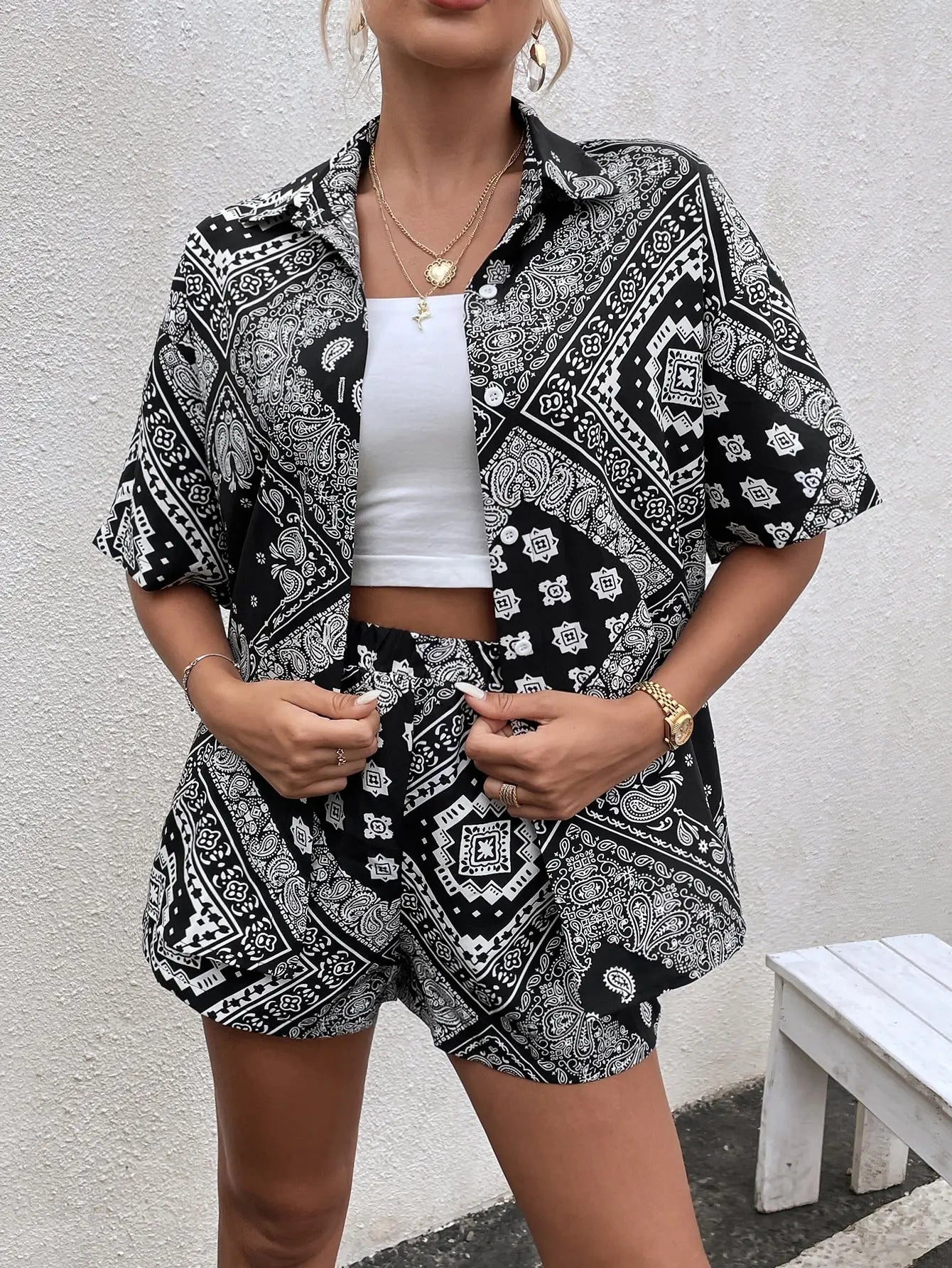 Scarf & Paisley Print Drop Shoulder Blouse & Shorts - Browsglamour