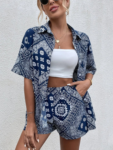 Scarf & Paisley Print Drop Shoulder Blouse & Shorts - Browsglamour