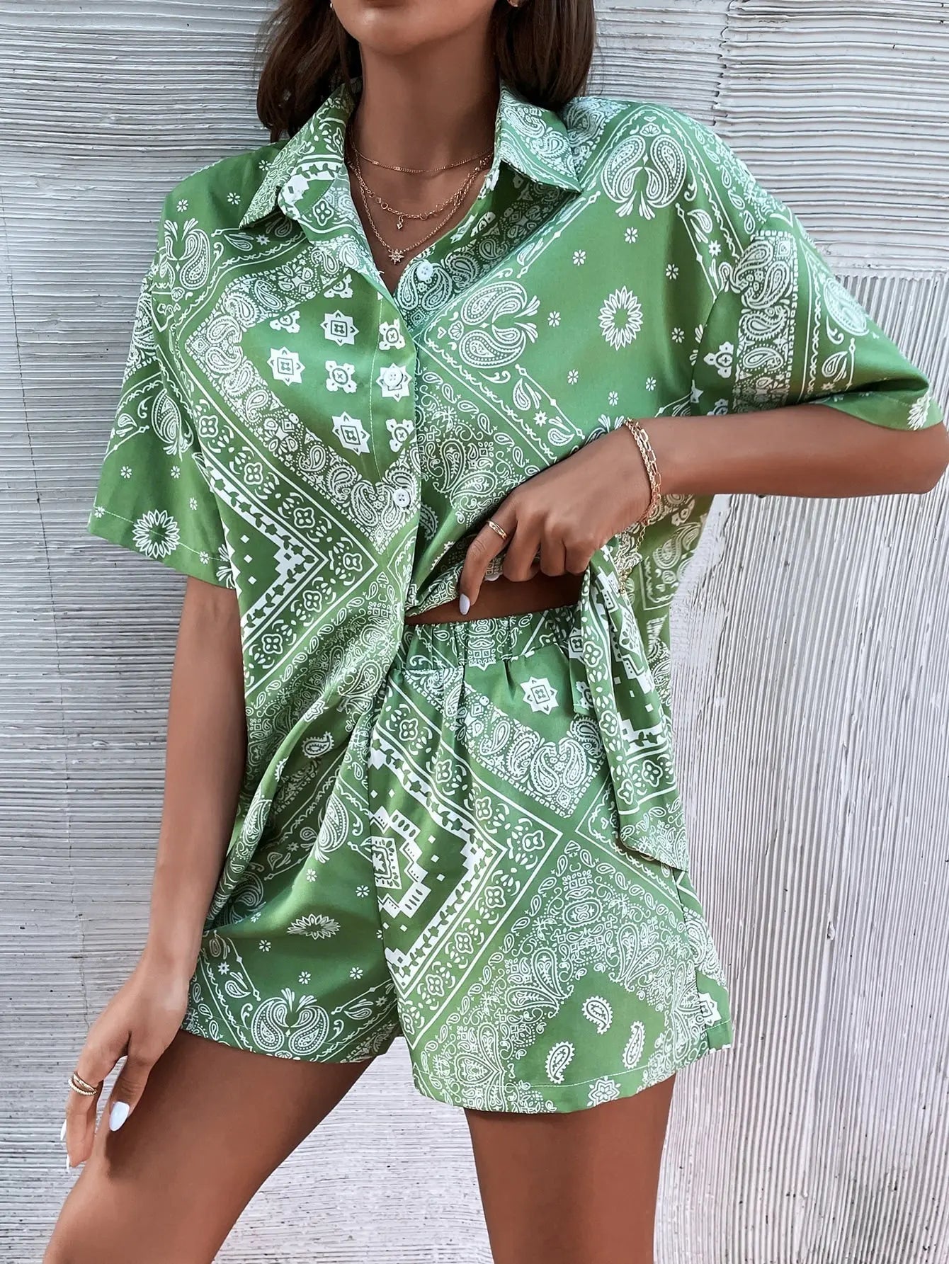 Scarf & Paisley Print Drop Shoulder Blouse & Shorts - Browsglamour