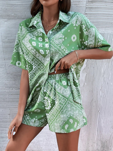 Scarf & Paisley Print Drop Shoulder Blouse & Shorts - Browsglamour